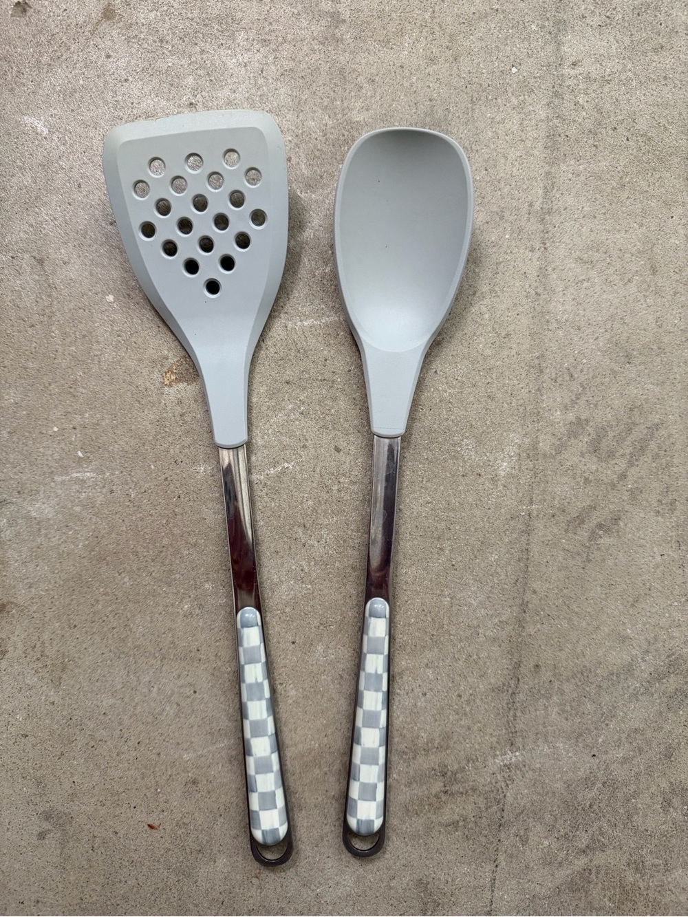 Mackenzie Childs spatula and spoon kitchen utensils - grey check